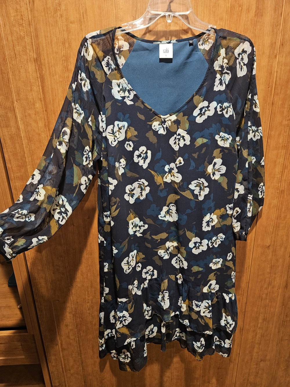 CAbi navy floral V-neck ruffle dress Lightweight Semi Sheer